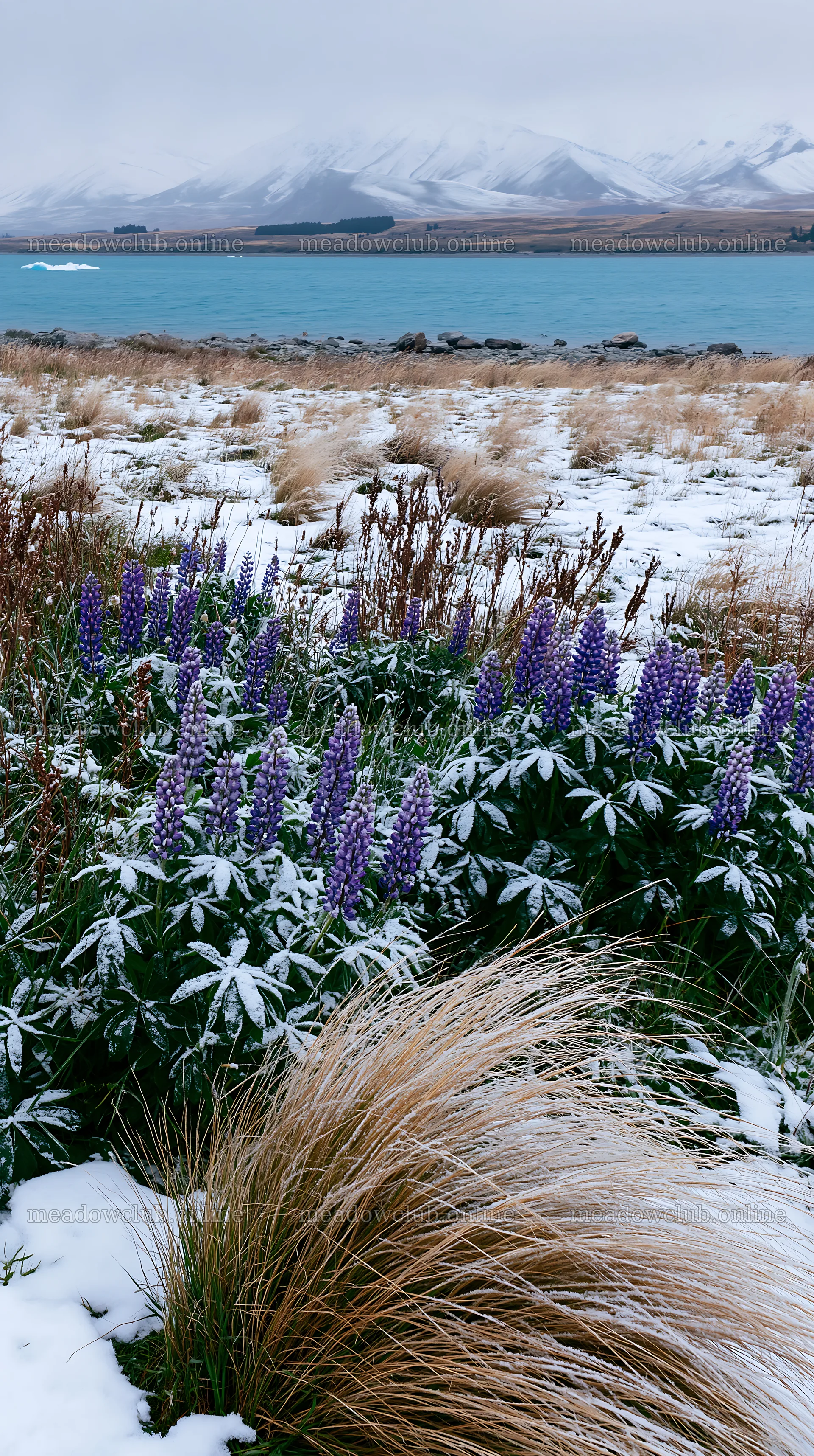 Lake Tekapo meadow snowy alps with flowers and grass – meadow photos 5938x10608