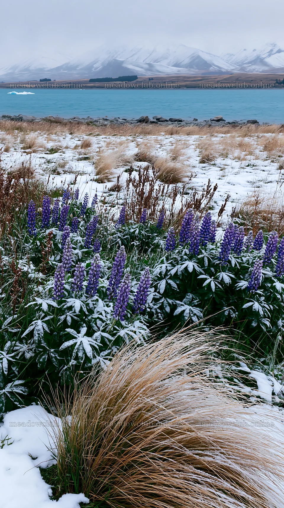 Lake Tekapo meadow snowy alps with flowers and grass – meadow photos 5938x10608