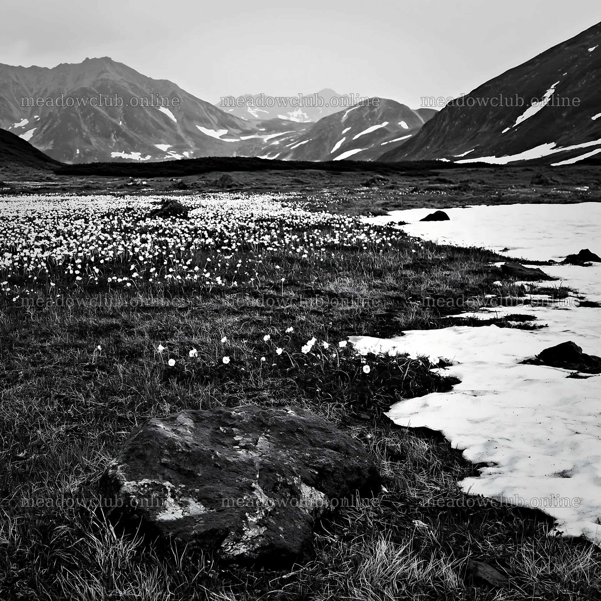 Snowmelt in Toyama alpine meadow with rock foreground – meadow photos 7938x7938
