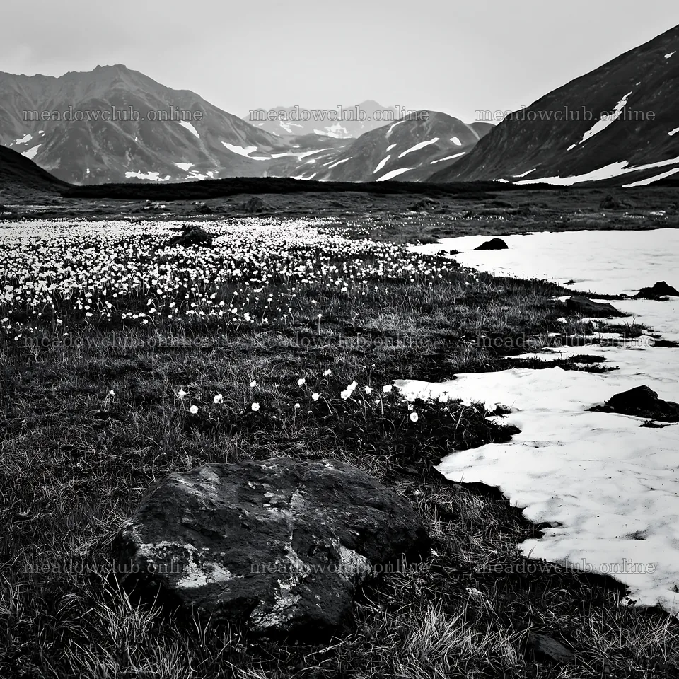 Snowmelt in Toyama alpine meadow with rock foreground – meadow photos 7938x7938