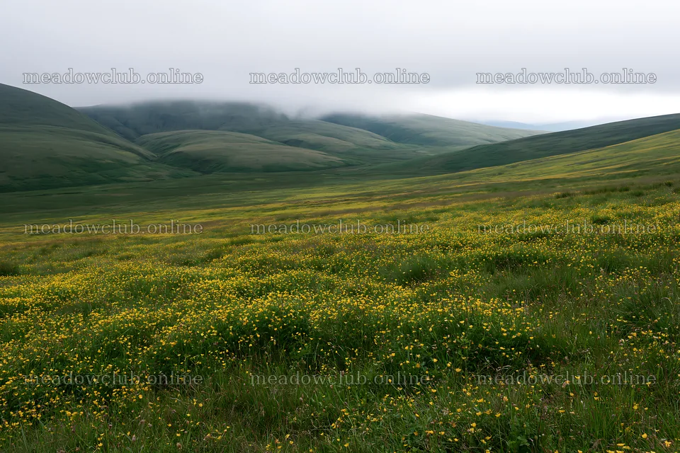 Buttercup meadow in a green landscape with hills and clouds – meadow photos 9722x6480