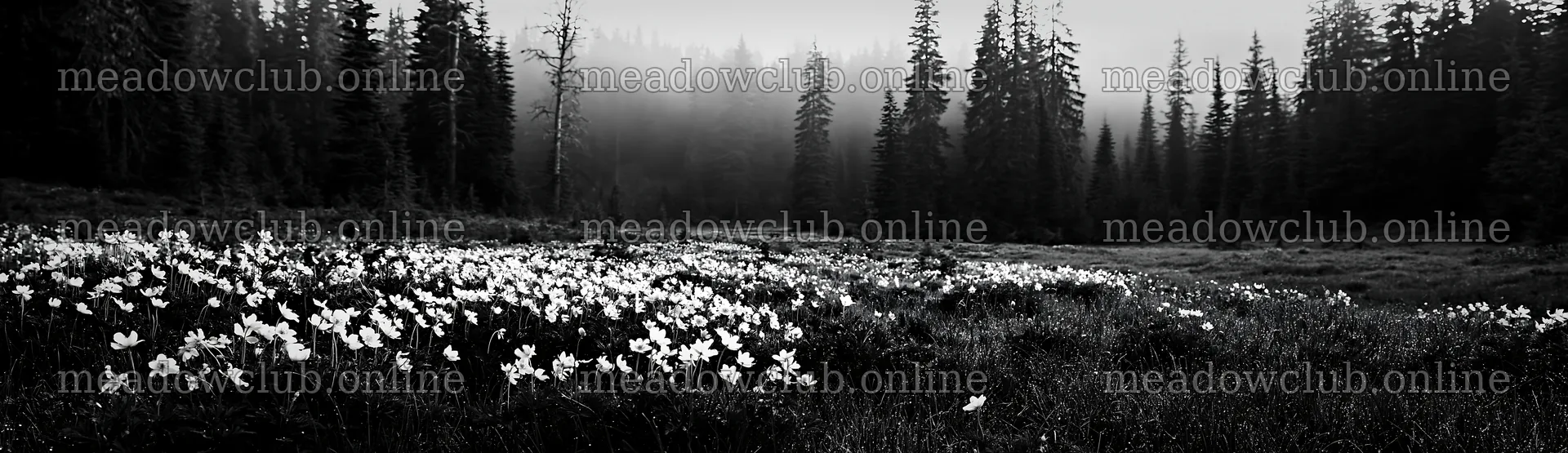 Misty forest meadow with flowers in the foreground – meadow photos 14762x4268
