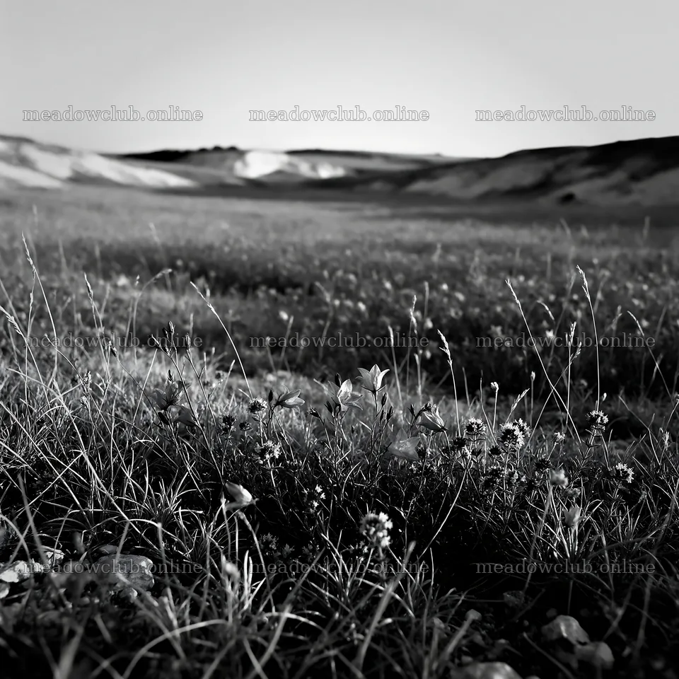 Sunny dry meadow with low grass and flowers in black and white – meadow photos 7938x7938