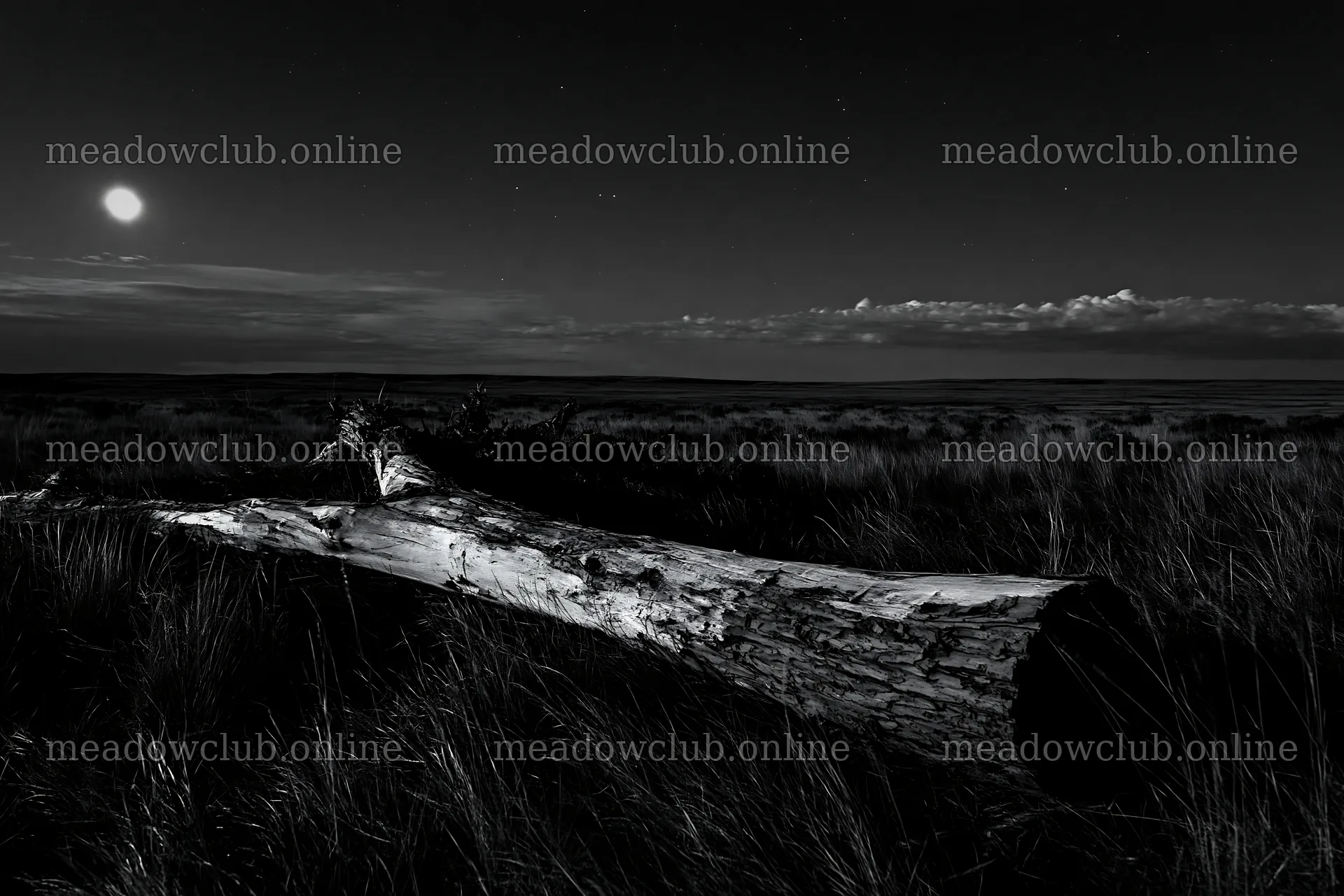 Weathered log in a meadow under moonlit sky – meadow photos 9722x6480