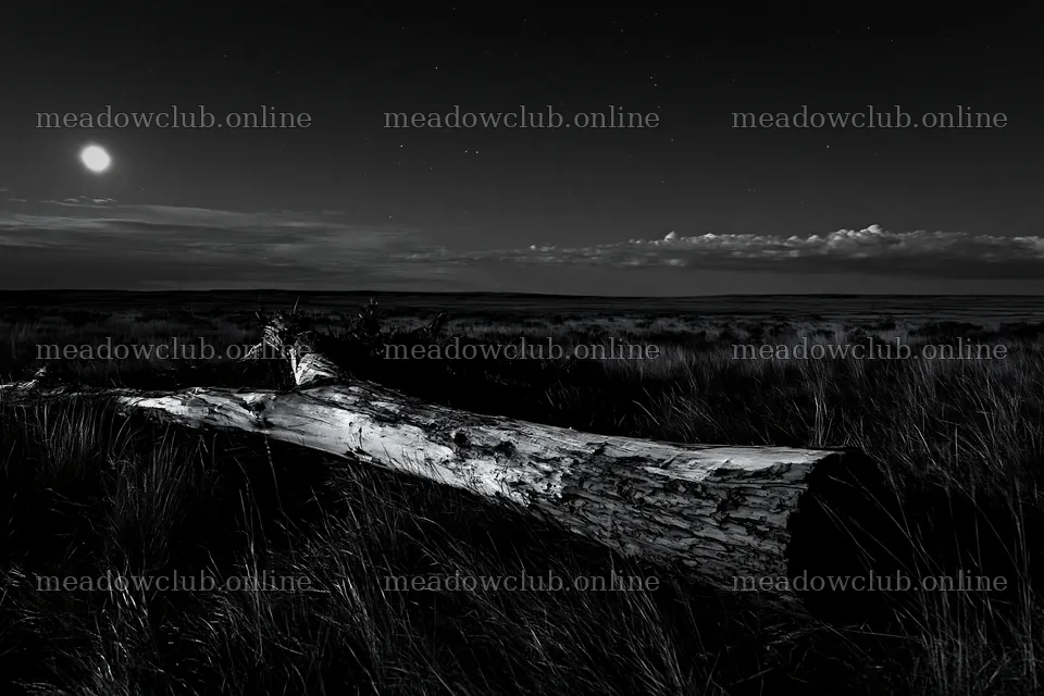 Weathered log in a meadow under moonlit sky – meadow photos 9722x6480