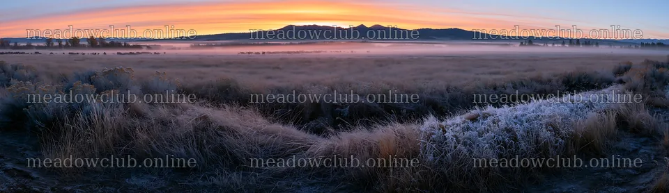 Frosty meadow at sunrise with distant mountains – meadow photos 14762x4268
