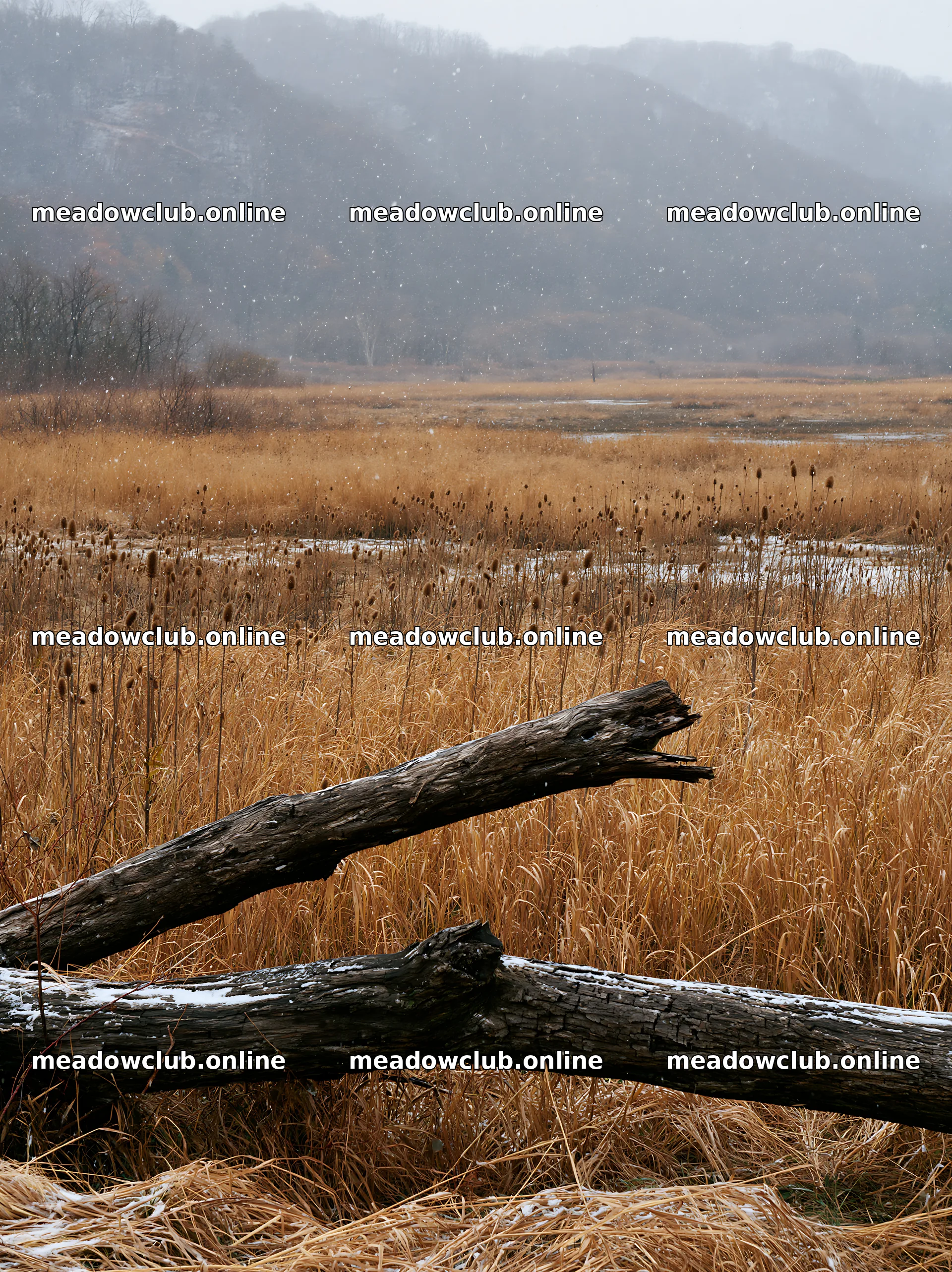 Yamagata rewilded meadow with fallen branch in the foreground – meadow photos 6866x9174