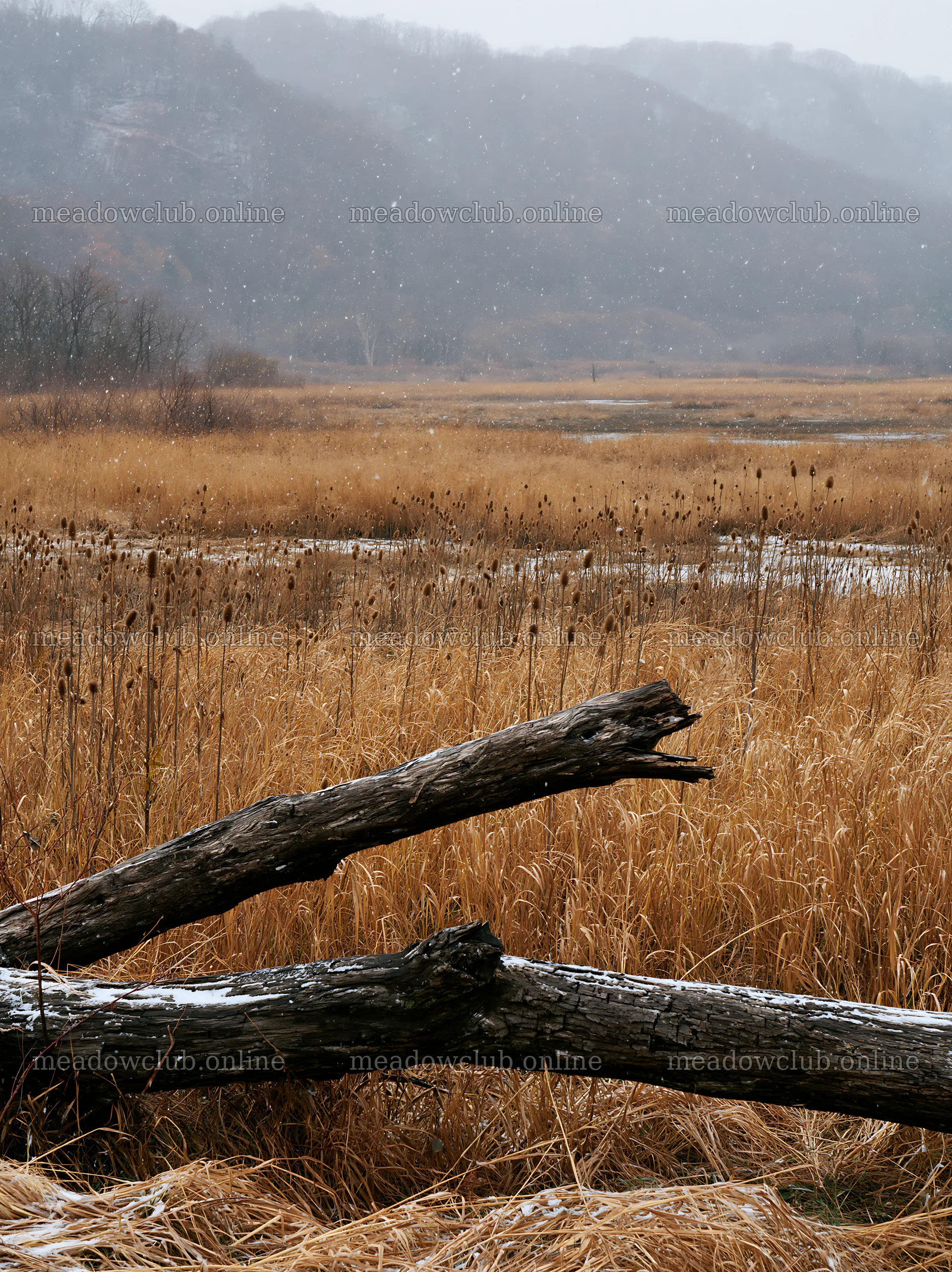 Yamagata rewilded meadow with fallen branch in the foreground – meadow photos 6866x9174