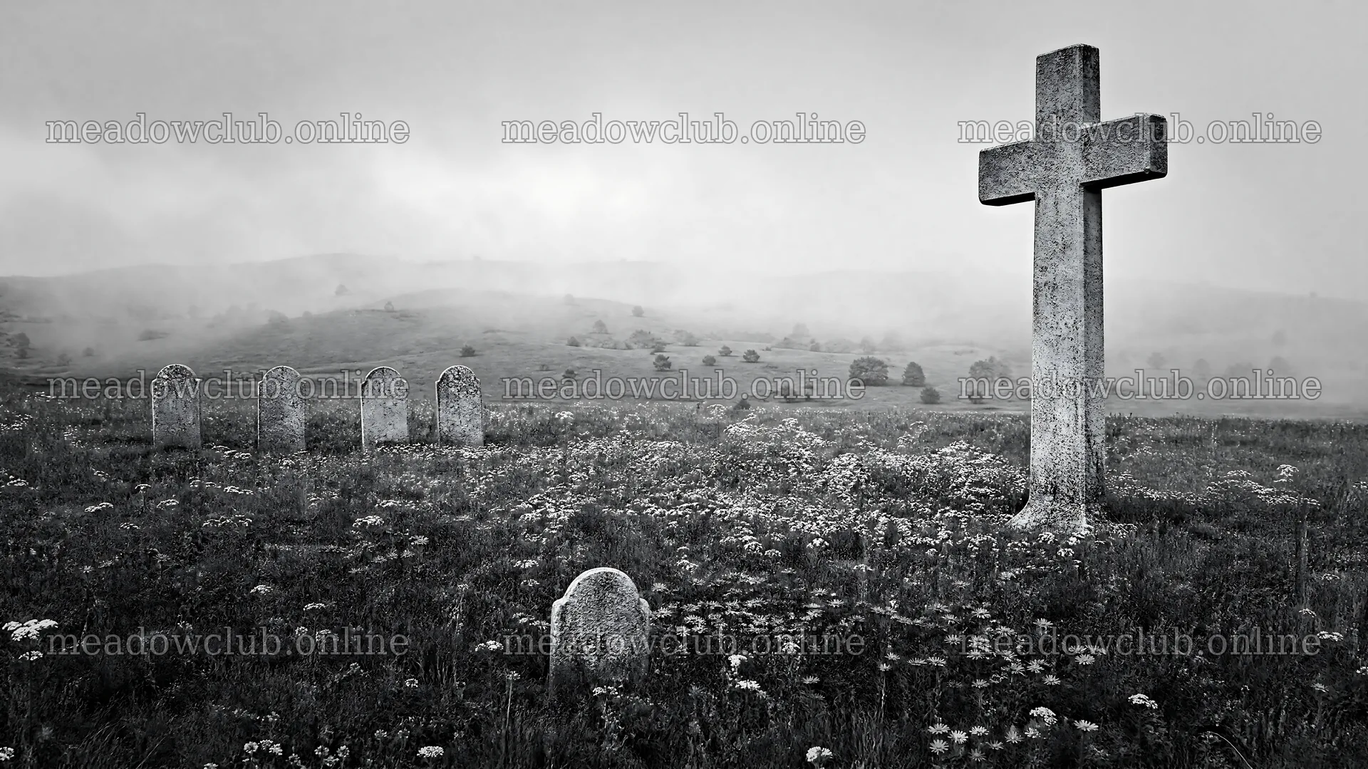 Weathered Christian cross in misty meadow with headstones – meadow photos 10584x5952