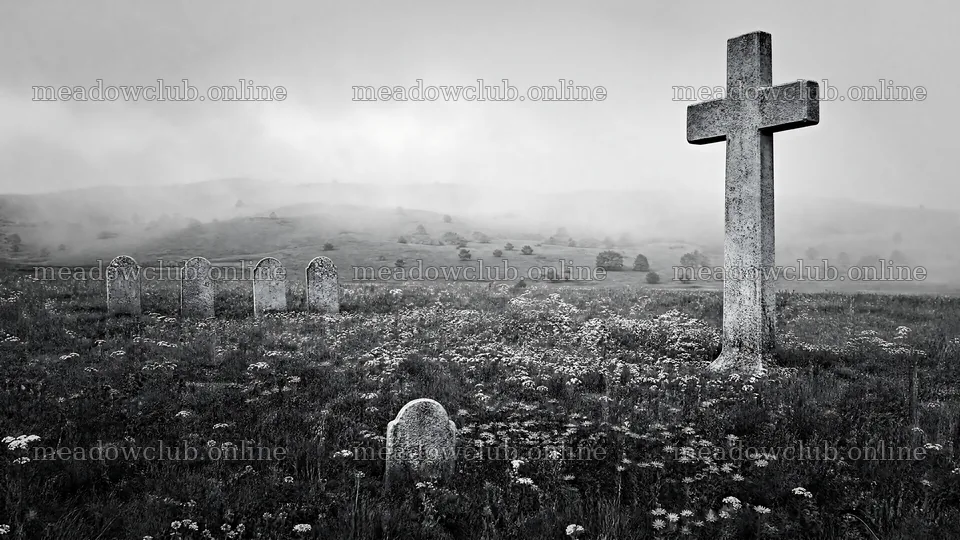 Weathered Christian cross in misty meadow with headstones – meadow photos 10584x5952