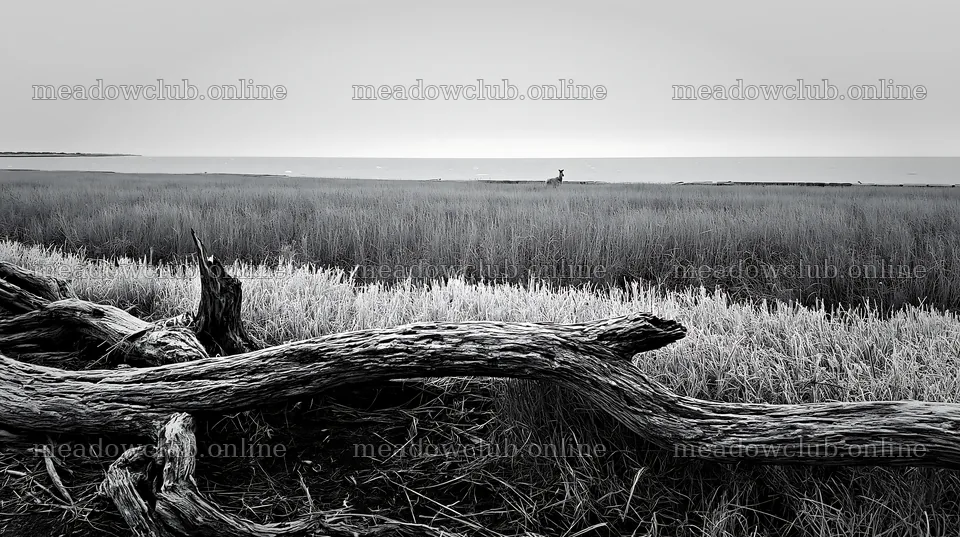 Chiba coastal climate meadow with driftwood in foreground – meadow photos 10608x5938
