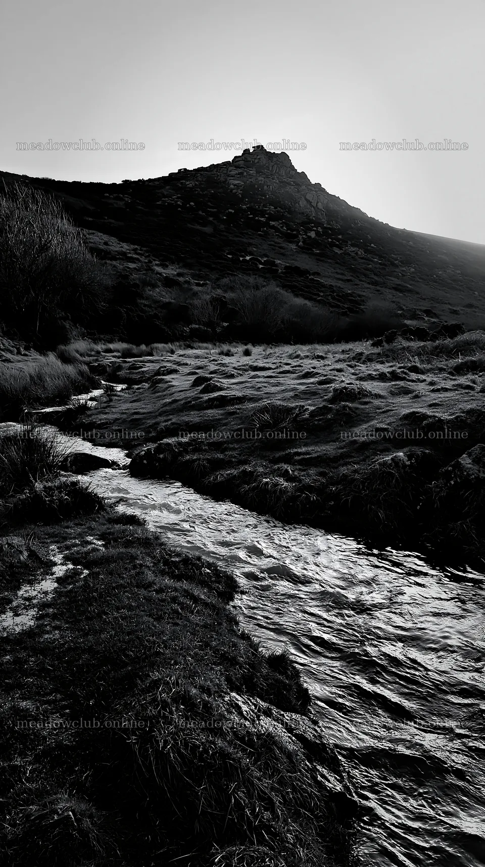 Meadow and stream under rocky crags at dusk – meadow photos 5938x10608
