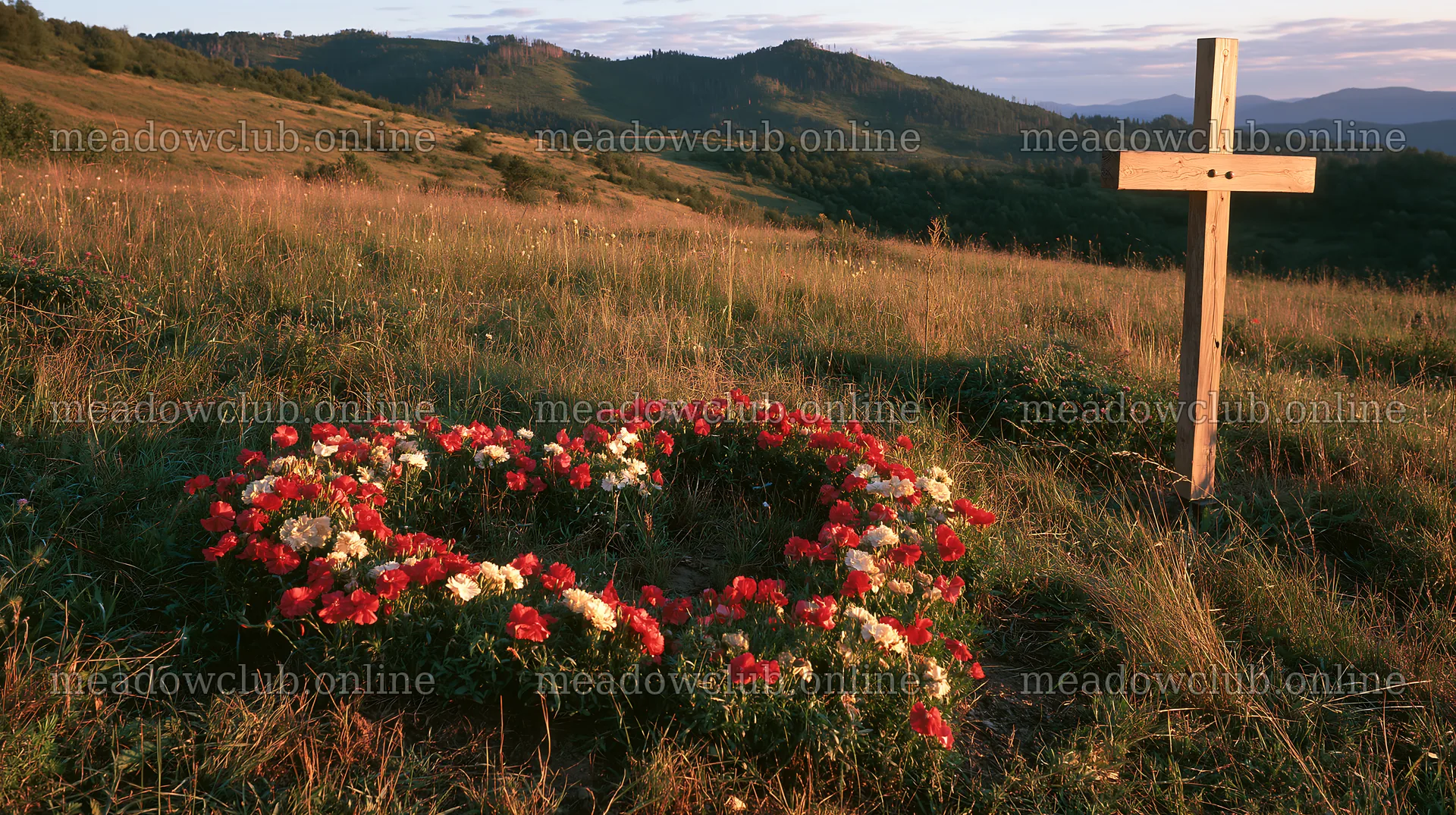 Christian cross in meadow with flowers for remembrance – meadow photos 10608x5938