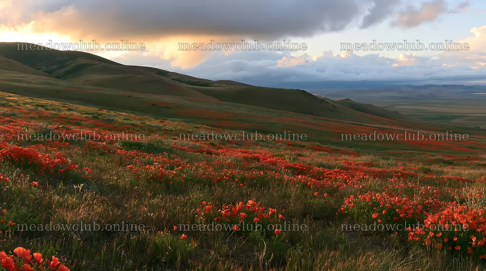 Cloudy foothill meadow with blooming orange flowers – meadow photos 10608x5938