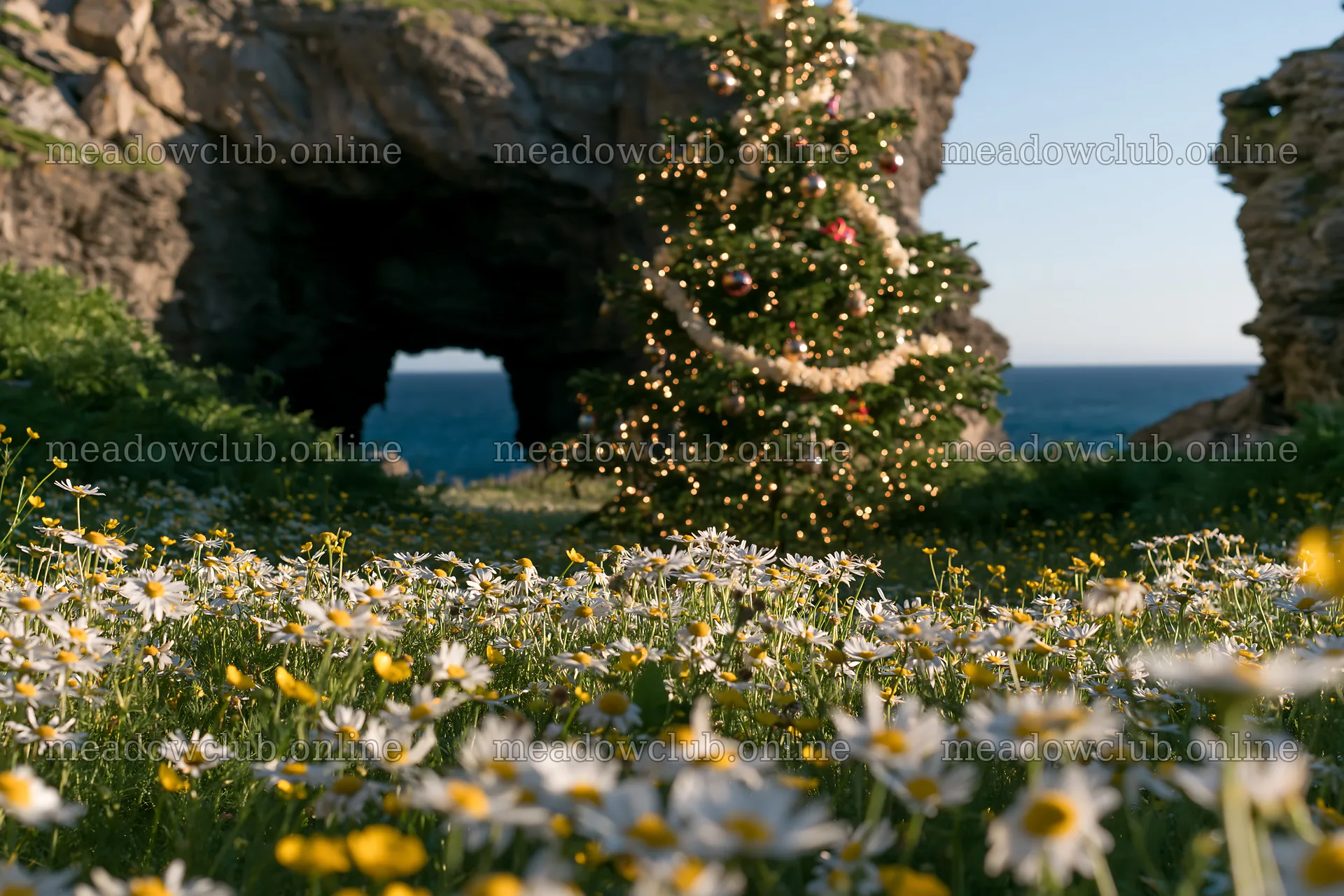 Christmas tree in meadow near cave by ocean – meadow photos 9722x6480