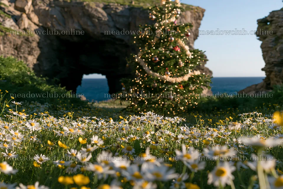 Christmas tree in meadow near cave by ocean – meadow photos 9722x6480