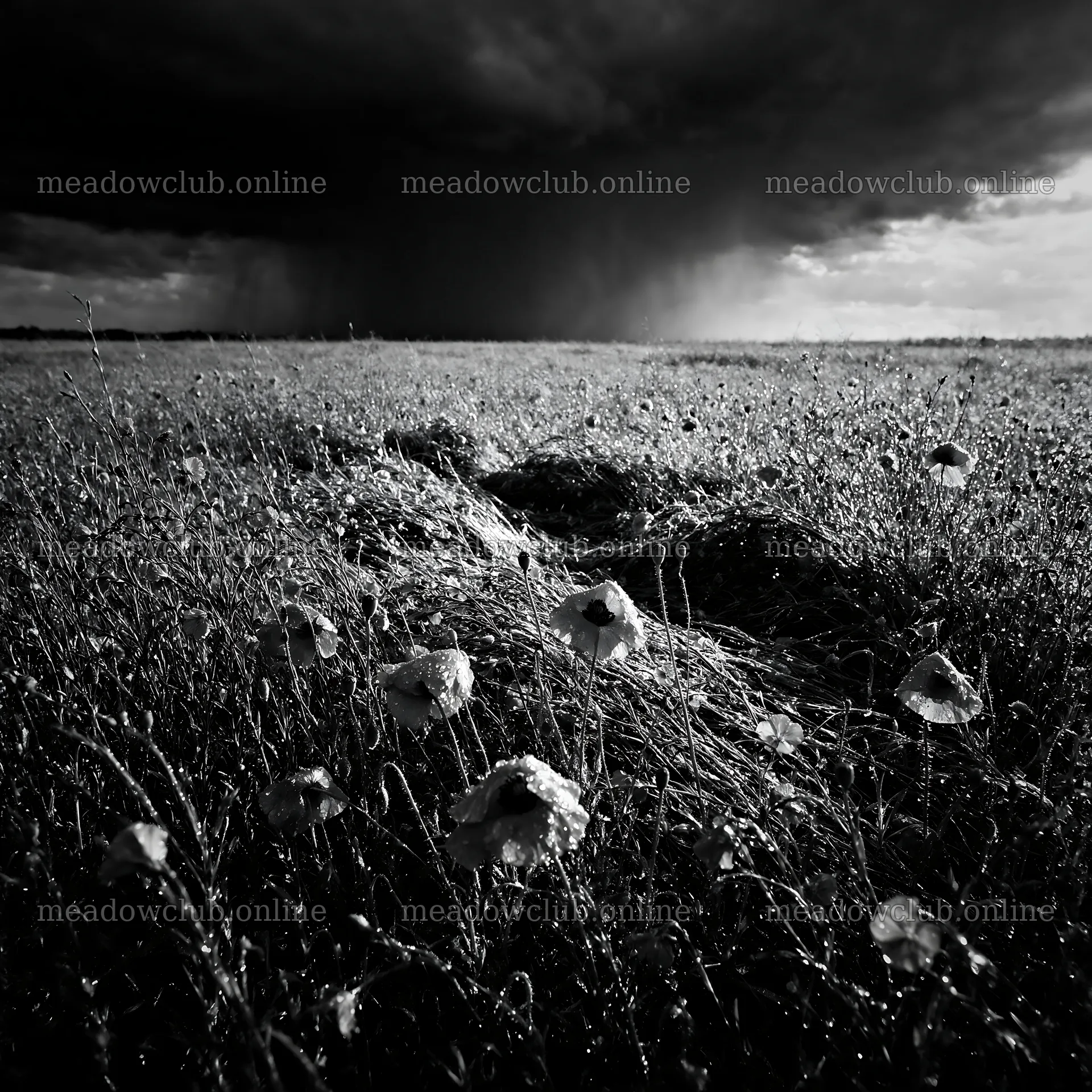 Poppy flax meadow with dark clouds and rain in the background – meadow photos 7938x7938