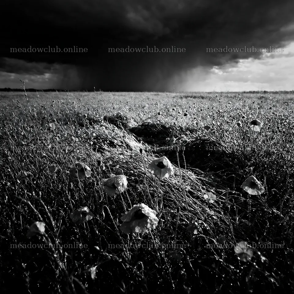 Poppy flax meadow with dark clouds and rain in the background – meadow photos 7938x7938
