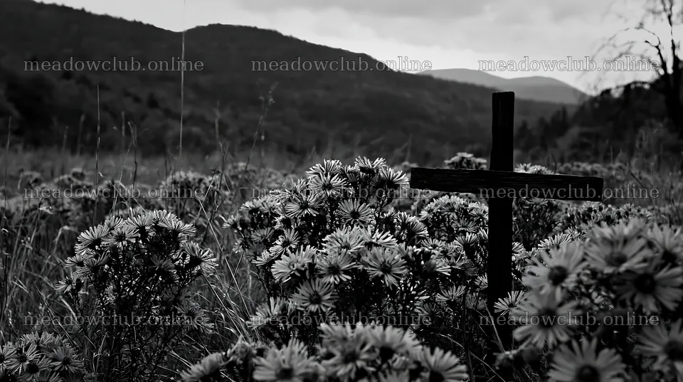 Cross in a meadow surrounded by flowers in black and white – meadow photos 10608x5938