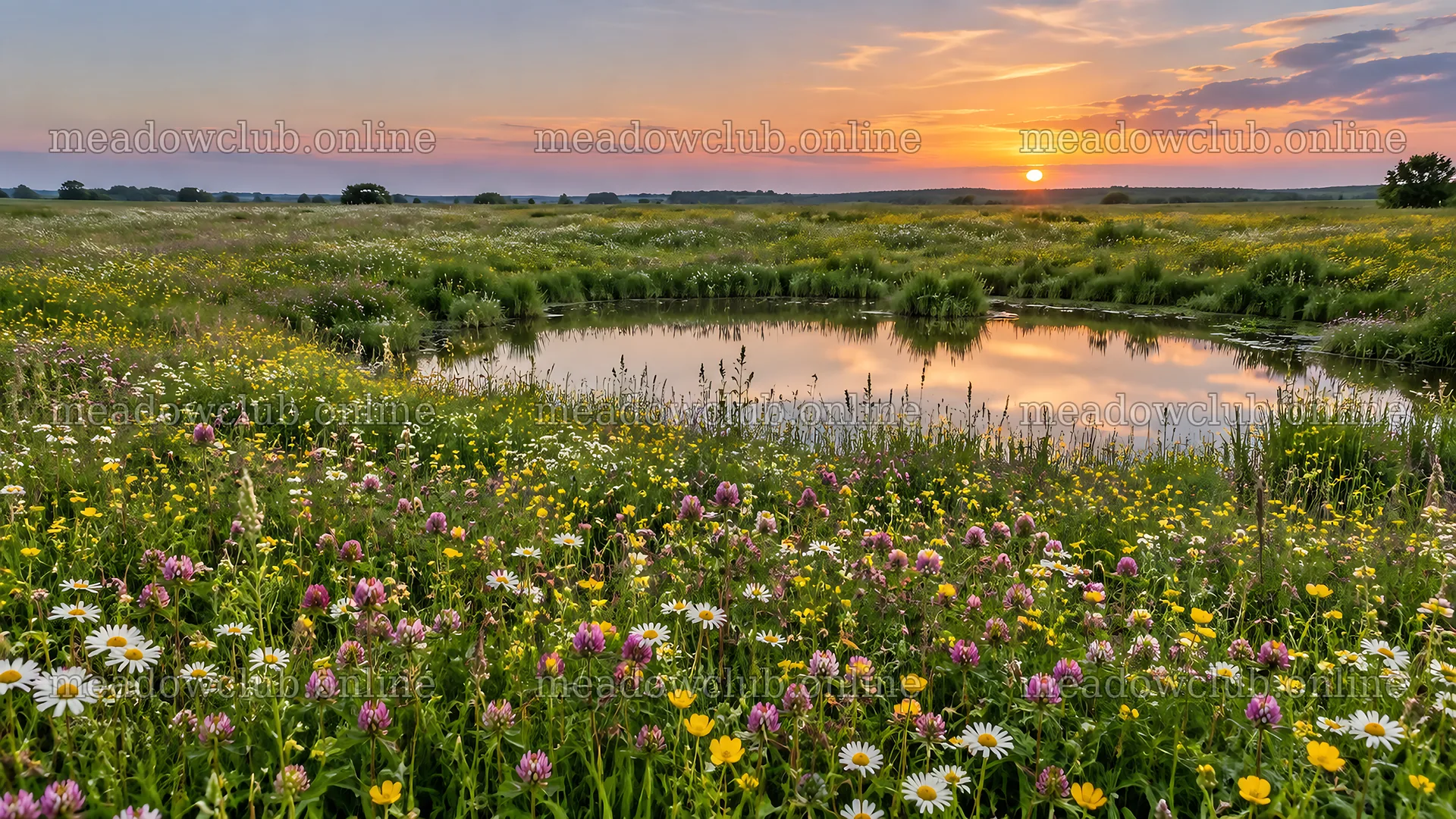 Colorful Wildflowers Around a Pond at Sunset – meadow photos 10324x5812