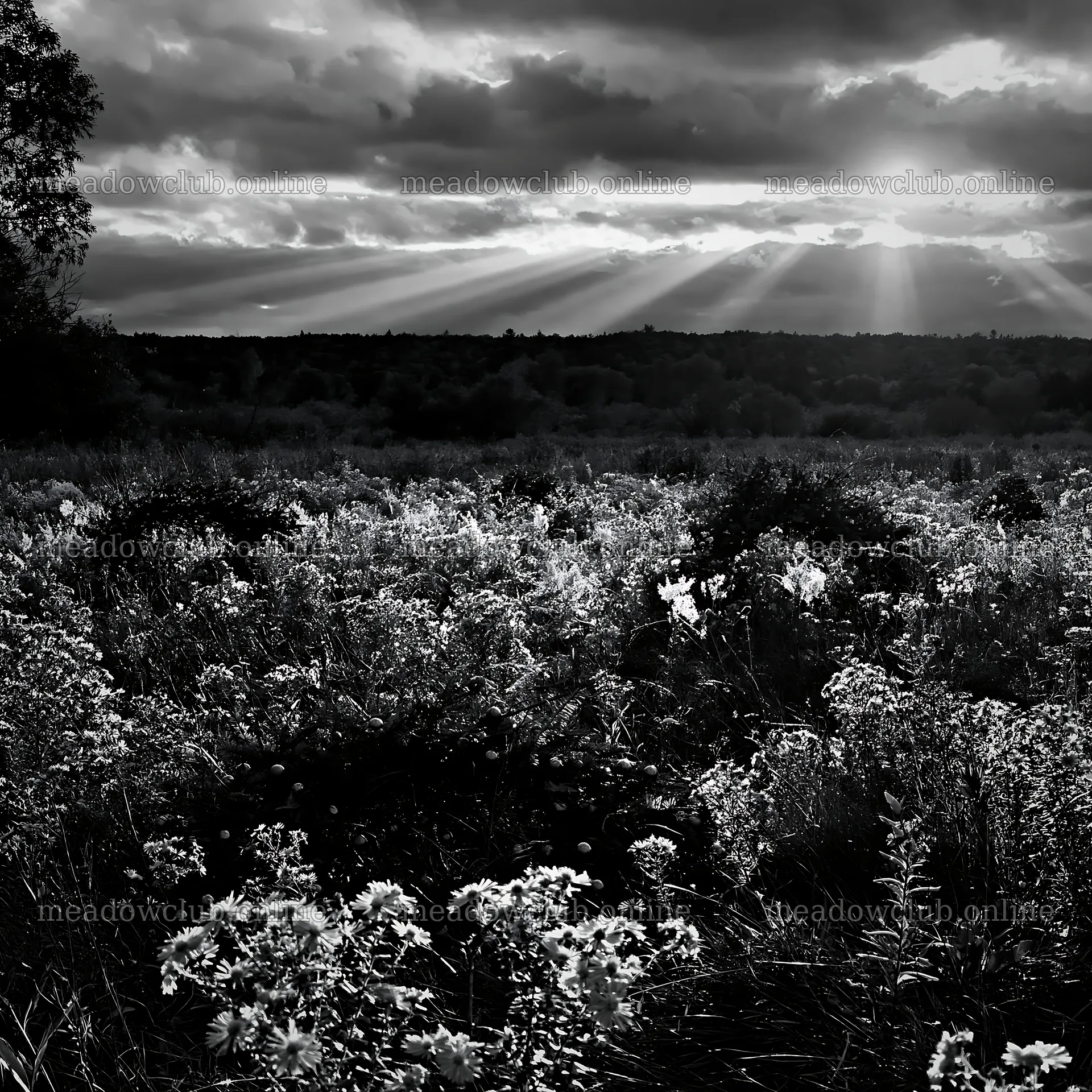 Christmas wreaths in meadow beneath dramatic clouds and rays – meadow photos 7938x7938