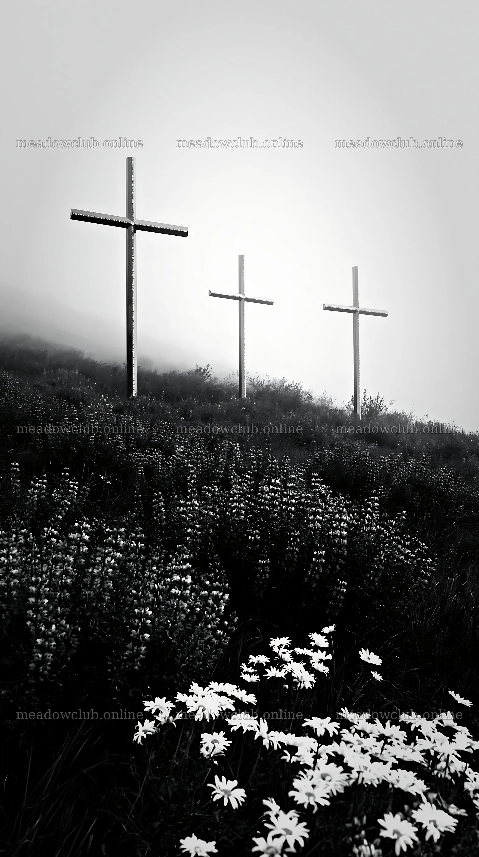 Three Christian crosses in a meadow with flowers – meadow photos 5938x10608