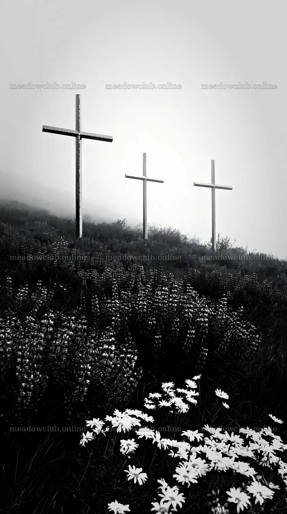 Three Christian crosses in a meadow with flowers – meadow photos 5938x10608