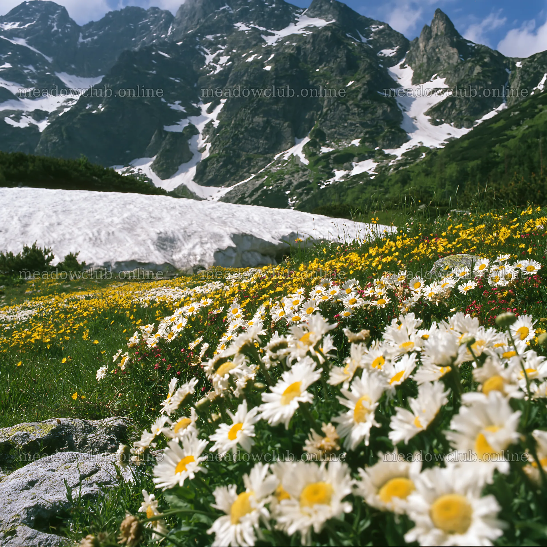 Colorful daisy meadow with mountains in the background – meadow photos 7938x7938