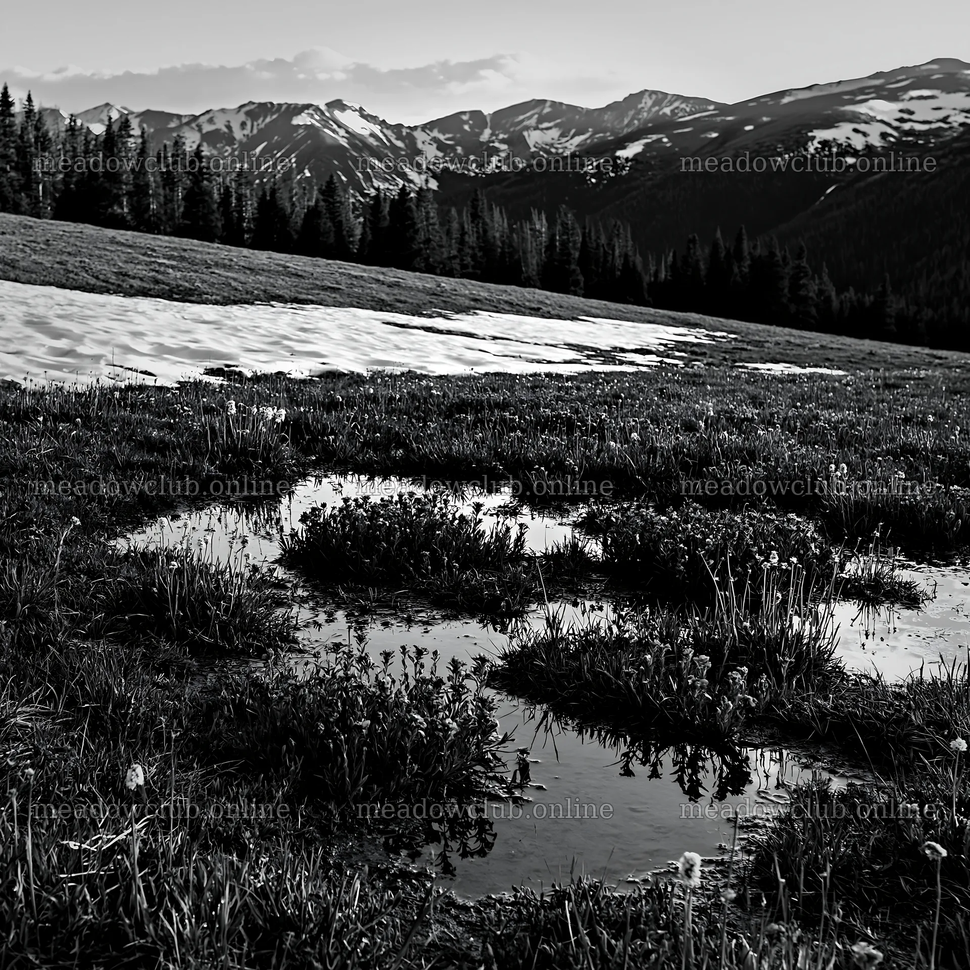 Snowy Rocky Mountain Park meadow with melting snow – meadow photos 7938x7938