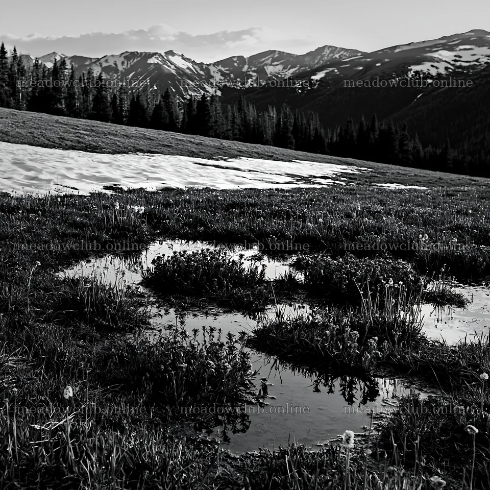 Snowy Rocky Mountain Park meadow with melting snow – meadow photos 7938x7938
