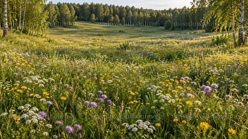 Wildflower Meadow in a Sunlit Forest Clearing – meadow photos 10324x5812