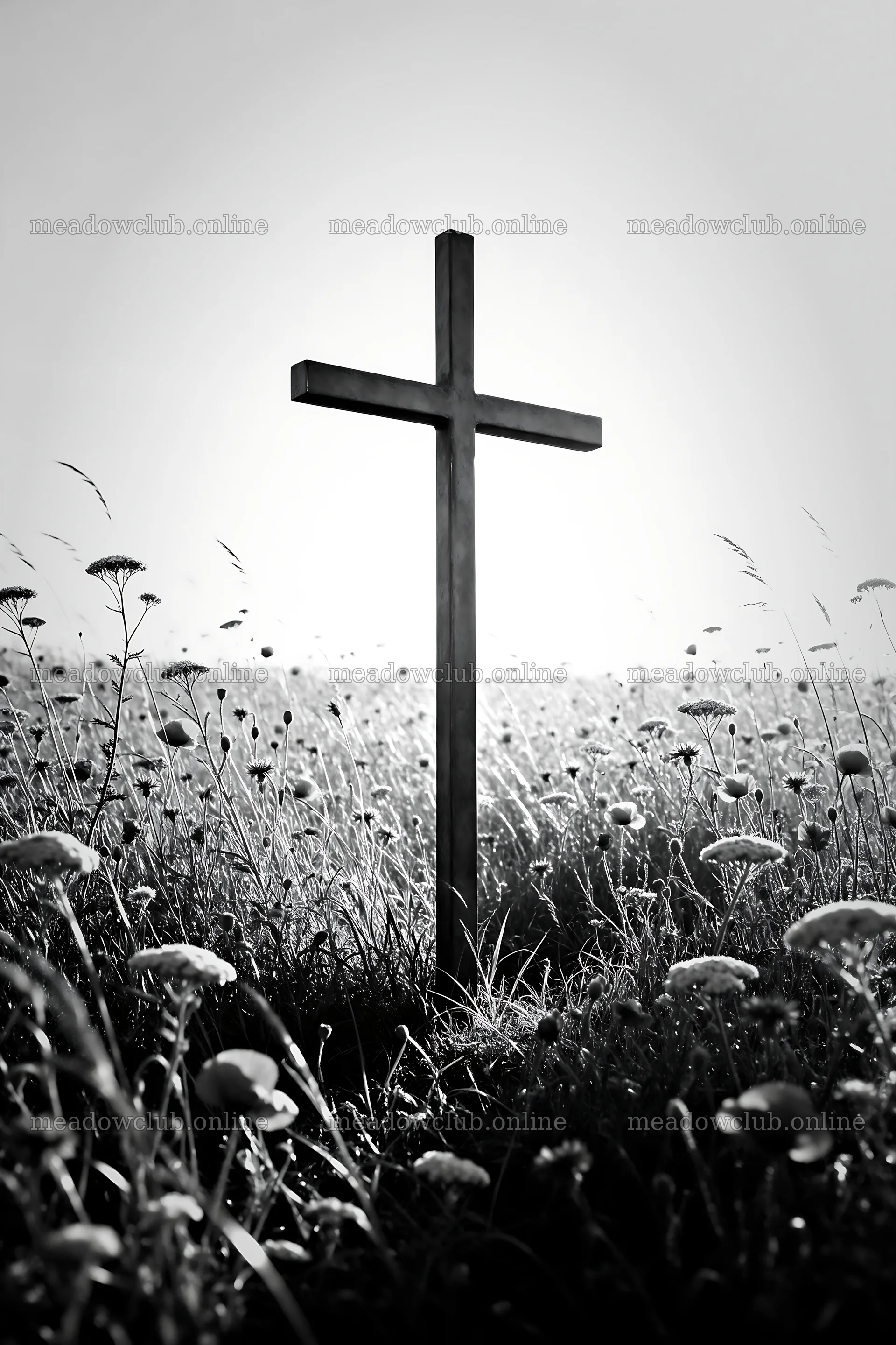 Christian cross in meadow with light rays shining from the sky – meadow photos 6480x9722