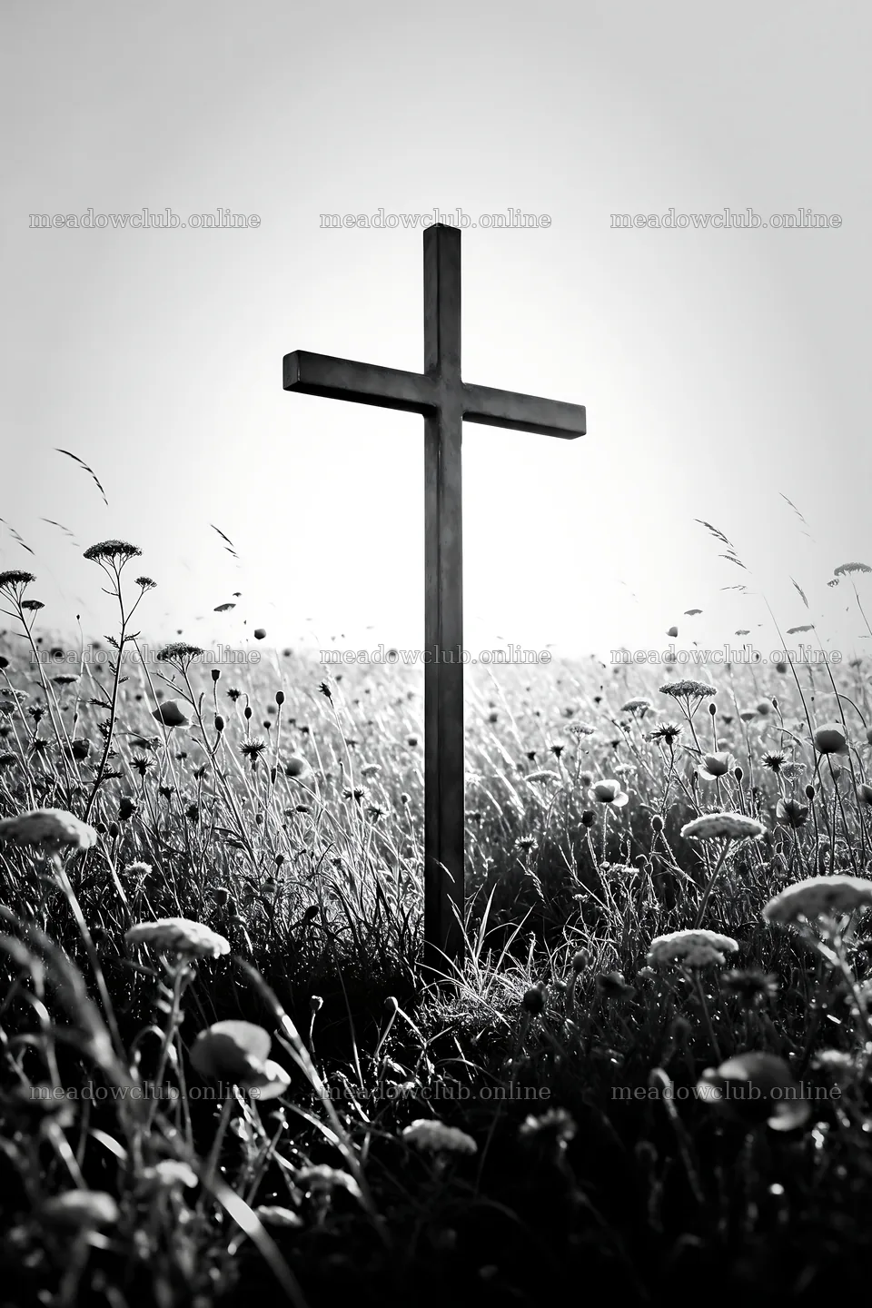 Christian cross in meadow with light rays shining from the sky – meadow photos 6480x9722