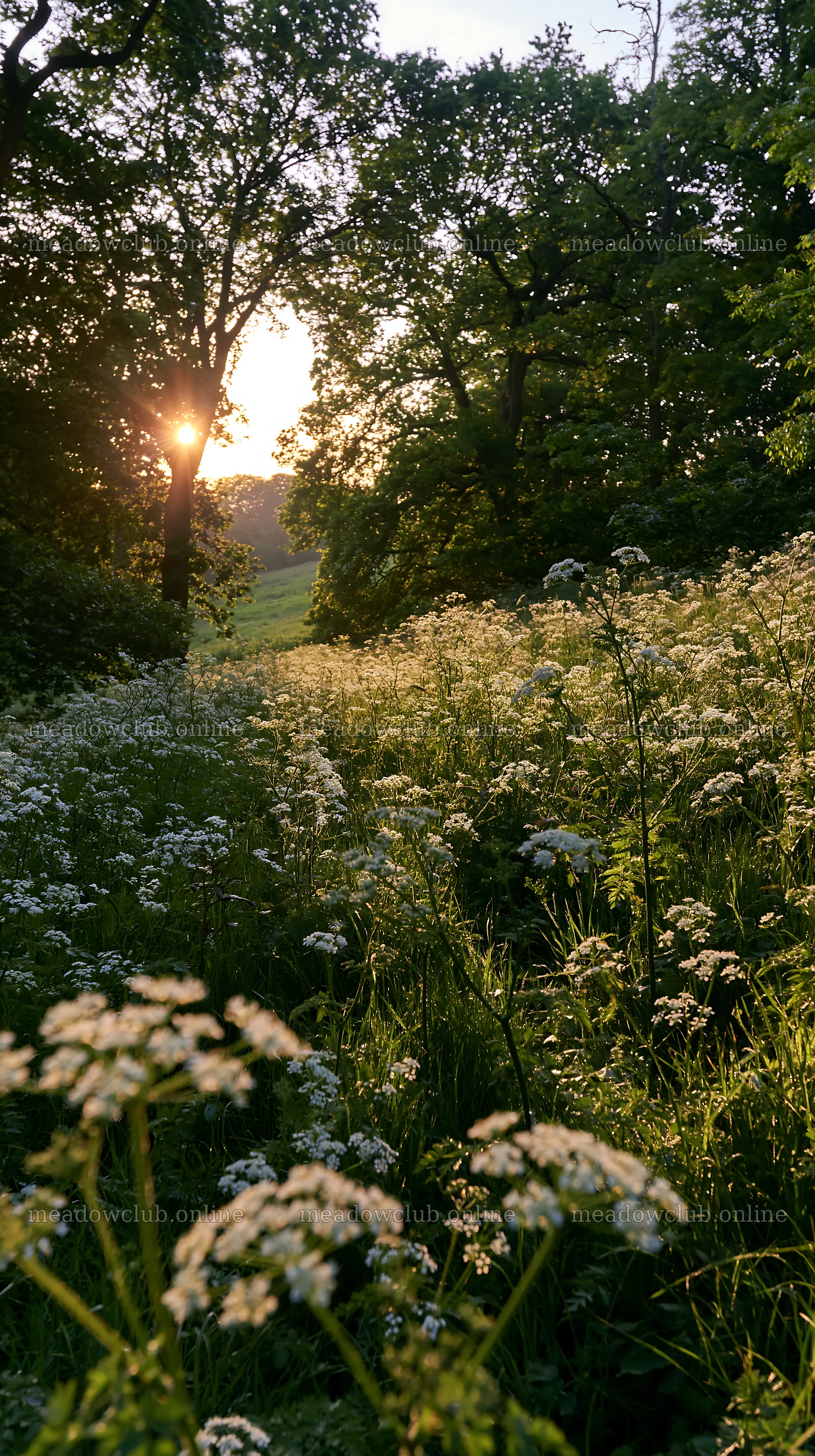 Cow parsley meadow with sunlight filtering through trees – meadow photos 5938x10608