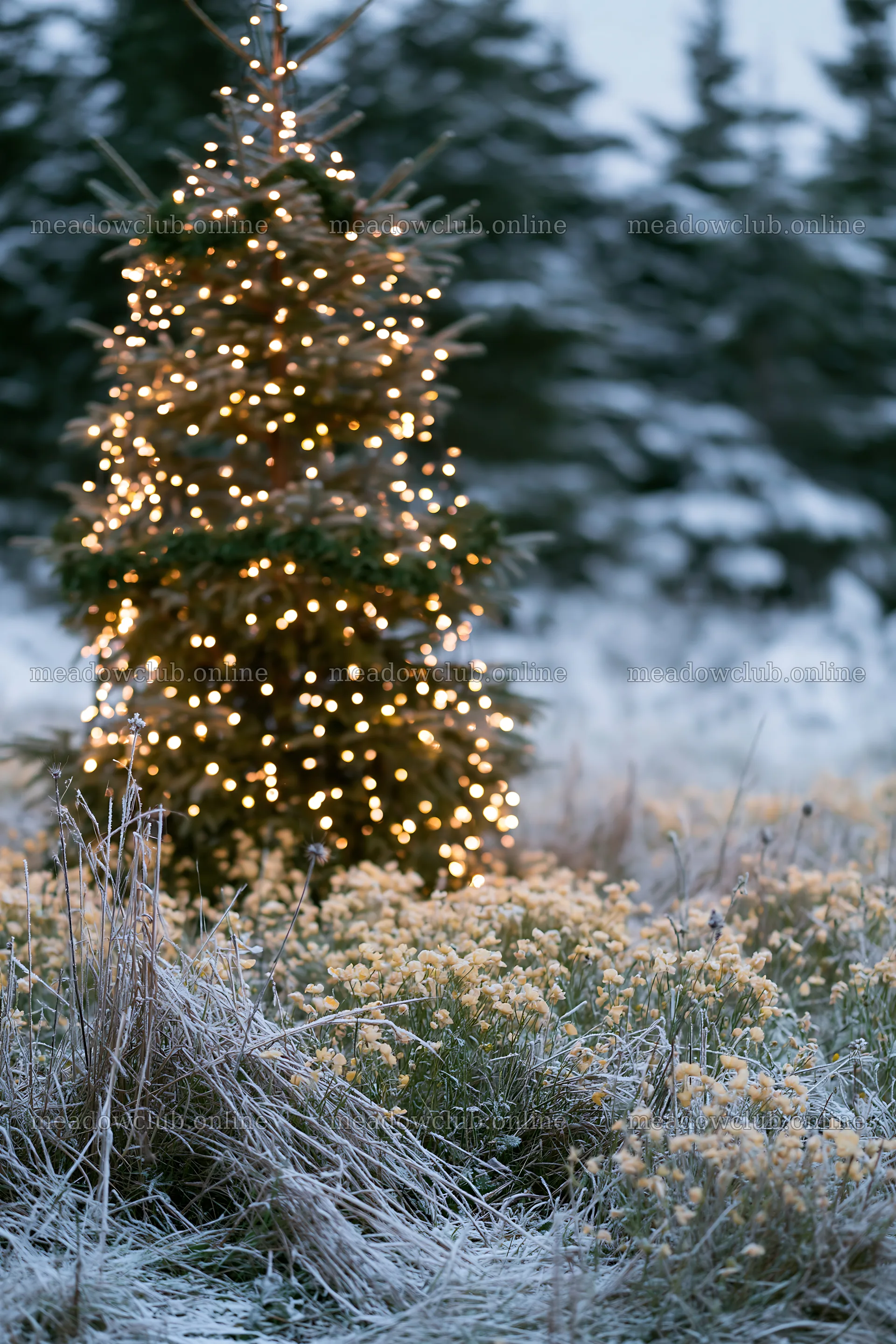 Decorated Christmas tree with lights in snowy meadow – meadow photos 6480x9722