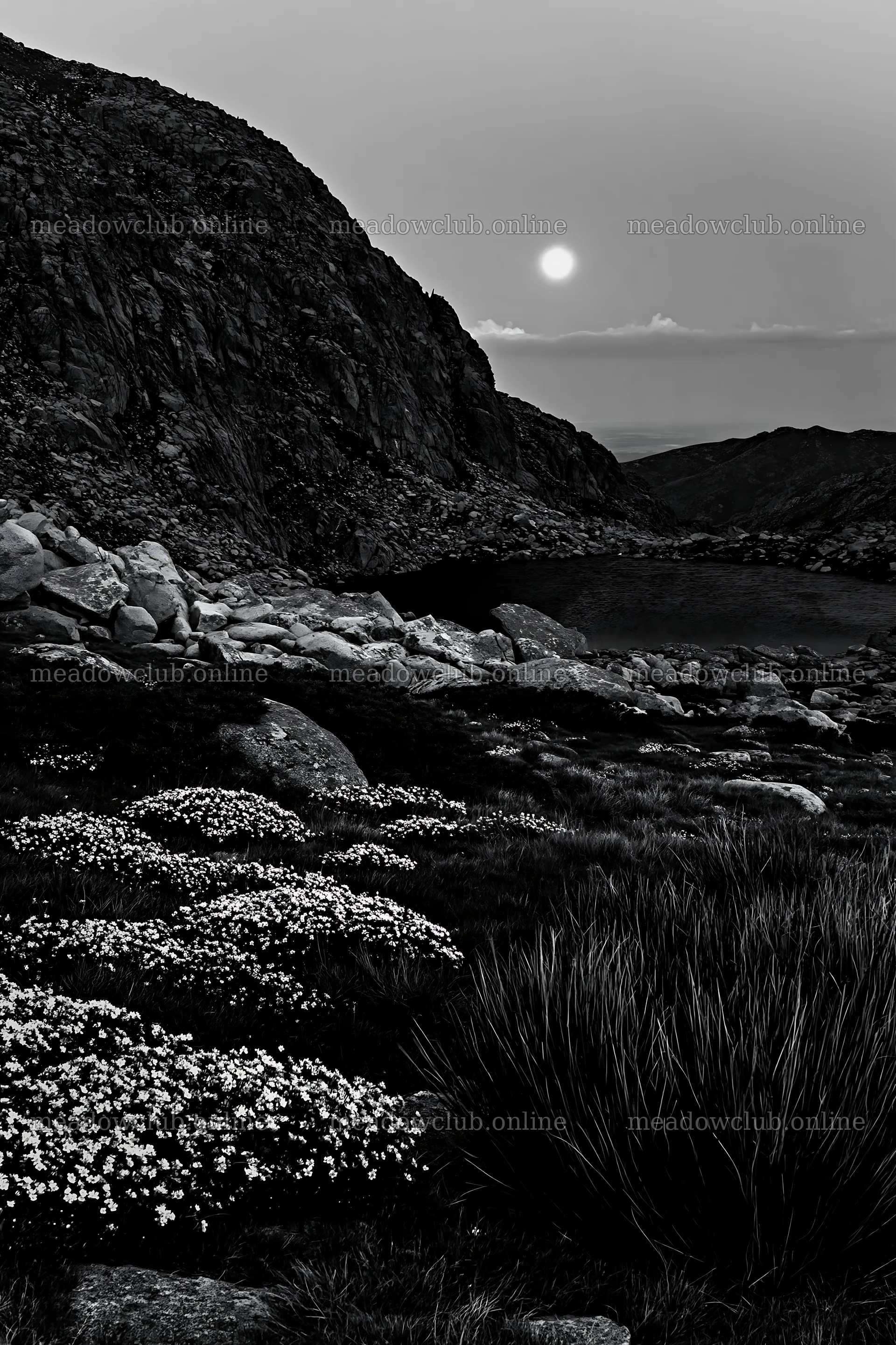 Moonlit meadow with flowers and rocky landscape – meadow photos 6480x9722