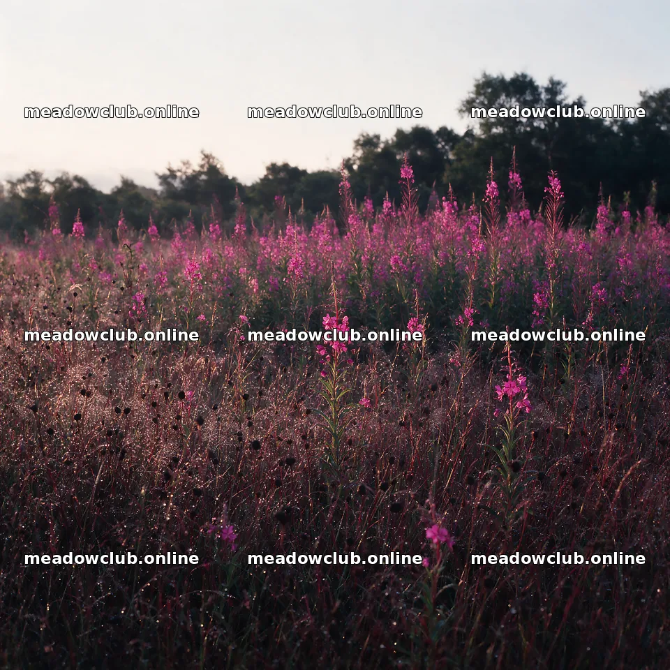 Dewy meadow with pink flowers at sunrise – meadow photos 7938x7938