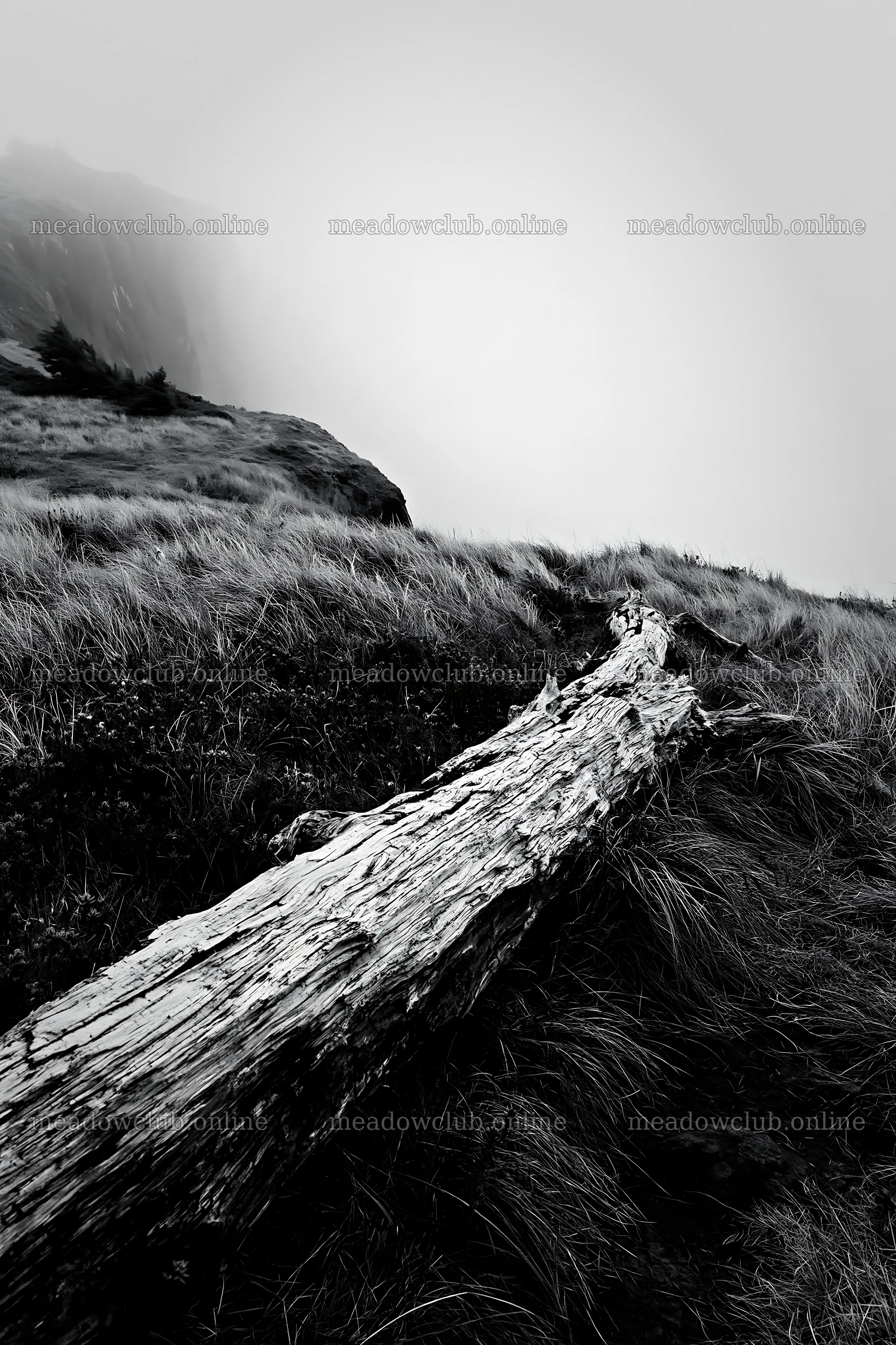Weathered log in a meadow under foggy conditions – meadow photos 6480x9722