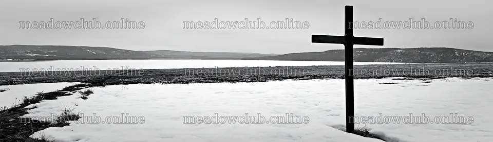 Weathered Christian cross in snowy meadow landscape – meadow photos 14762x4268