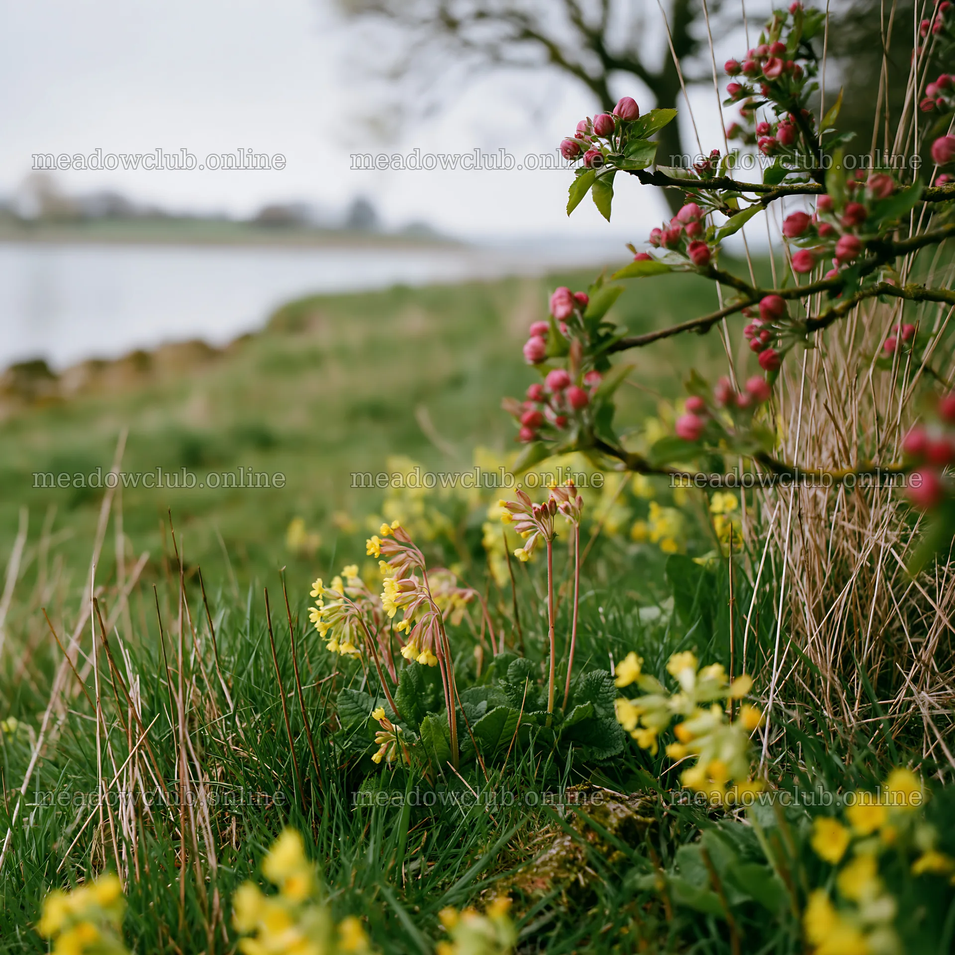 Lakeside orchard meadow with blooming flowers in the foreground – meadow photos 7938x7938