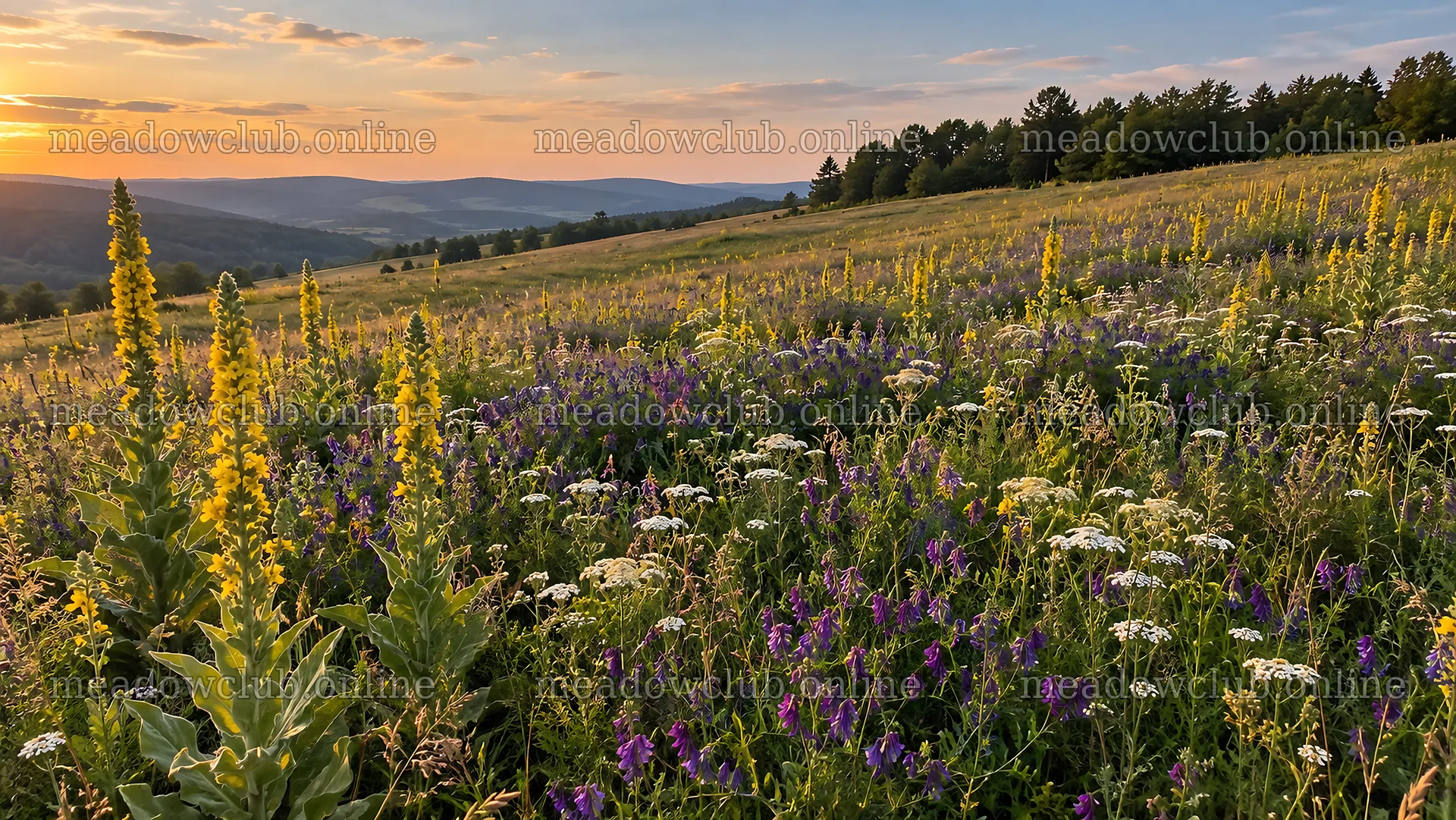 Wildflower Meadow on a Hillside at Sunset – meadow photos 10324x5812