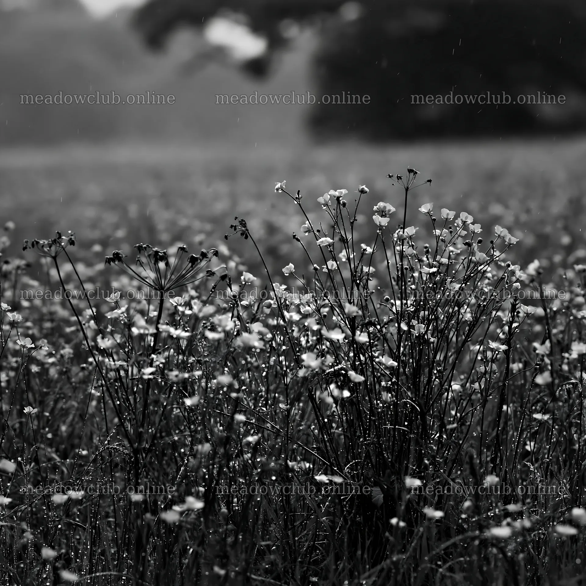 Buttercup meadow with flowers in black and white during rain – meadow photos 7938x7938