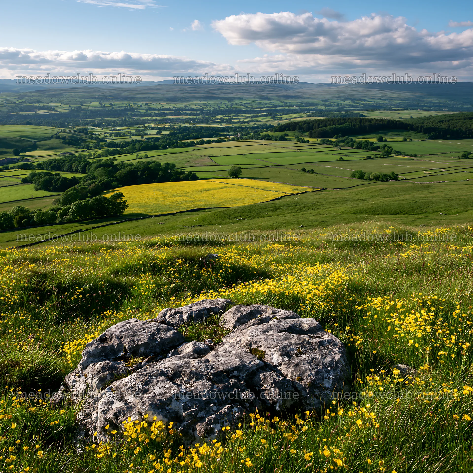 Yorkshire Dales buttercup hay meadow with rock formation – meadow photos 7938x7938