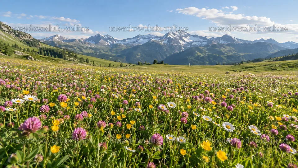 Wildflower Meadow Beneath Snow-Dusted Mountains – meadow photos 10324x5812