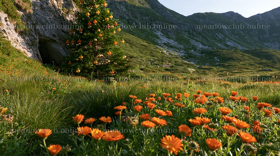 Christmas tree with lanterns in meadow near cave – meadow photos 10608x5938