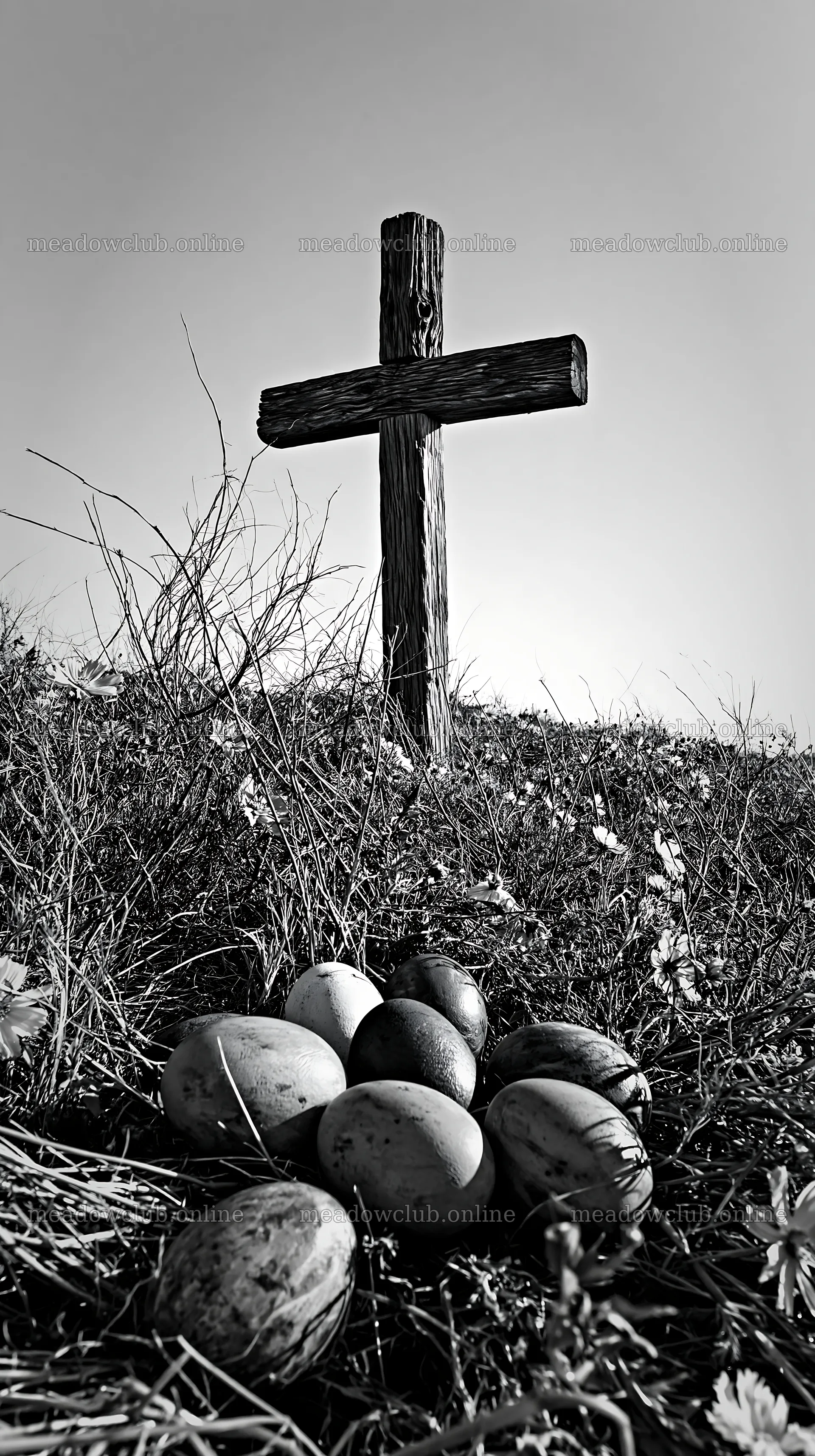 Christian cross in Christmas meadow with eggs – meadow photos 5938x10608