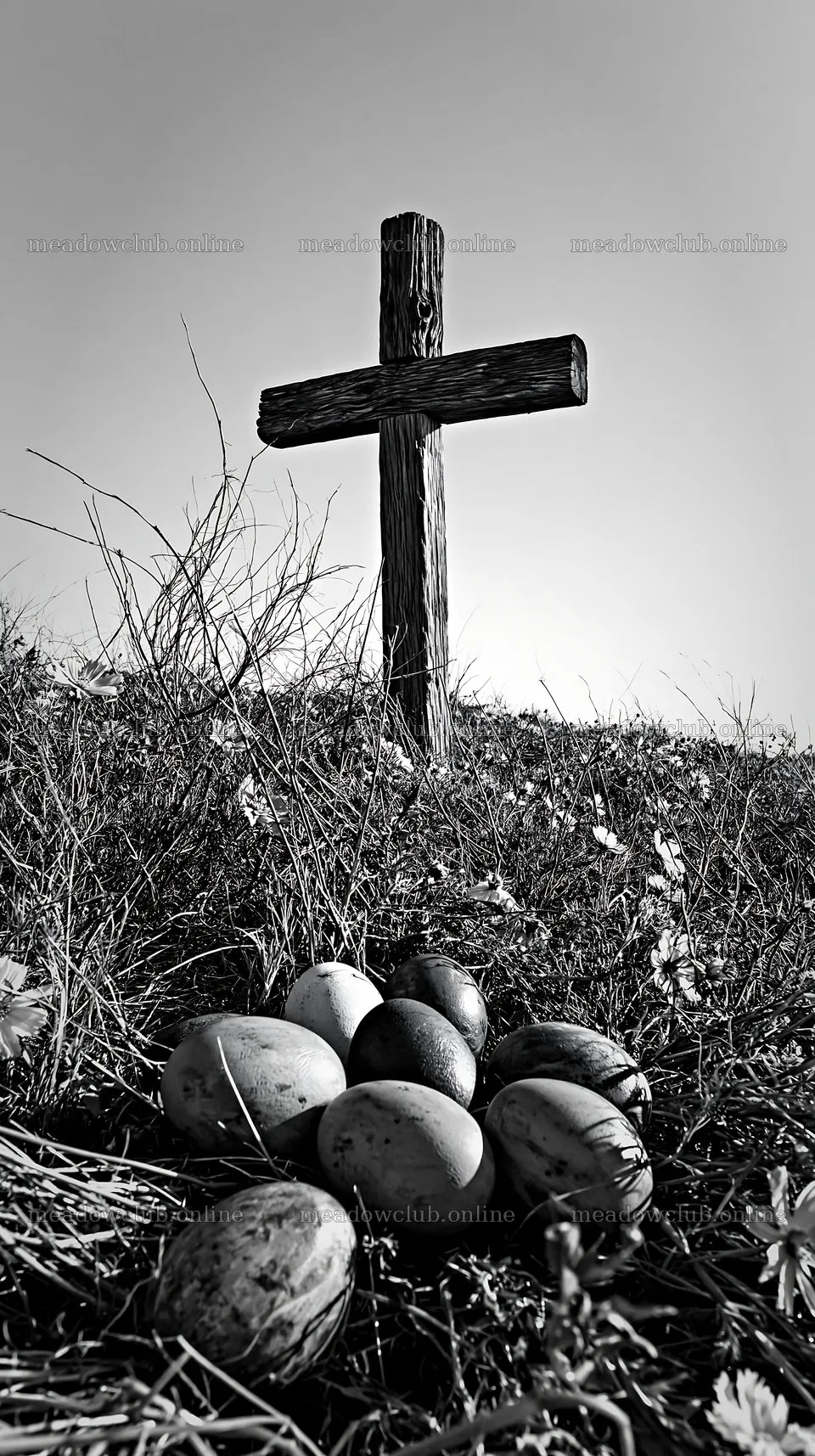 Christian cross in Christmas meadow with eggs – meadow photos 5938x10608