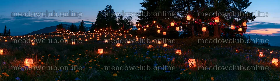 Vibrant Christmas lanterns shine in meadow at twilight – meadow photos 14762x4268