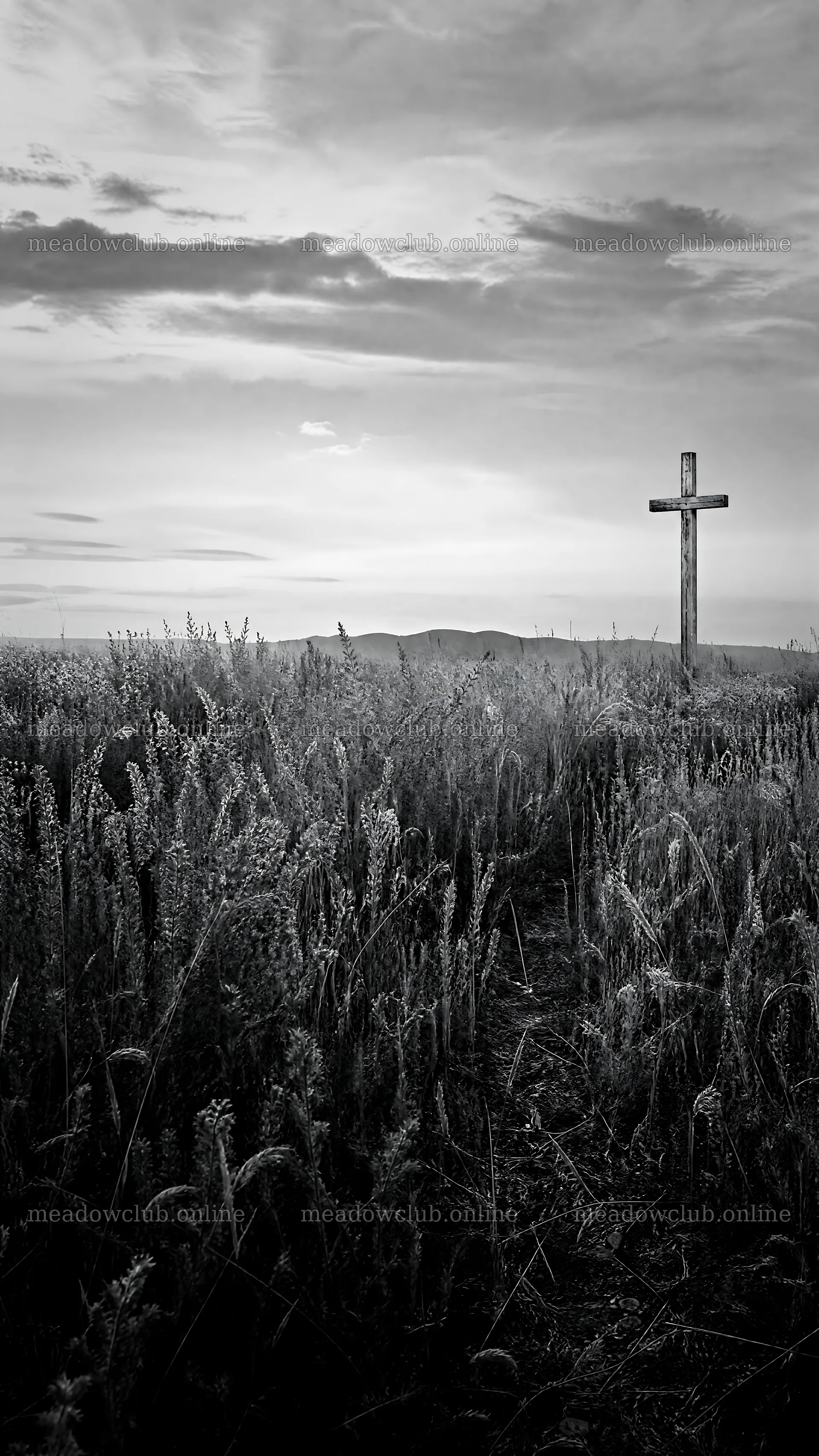 Golden Christian cross in sunset meadow – meadow photos 5952x10584