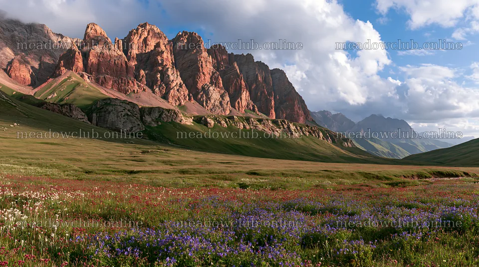Meadow beneath crags with colorful flowers and rocky mountains – meadow photos 10608x5938
